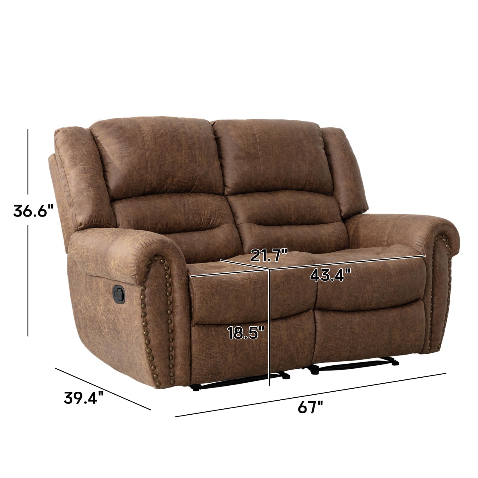 EBELLO Faux Leather Manual Loveseat Recliner, 2 Seat Reclining Sofa Chair with Soft Padded Seat Backrest, Couch Sofa Set for Living Room, Bedroom Furniture, Meeting Room, Brown (Loveseat)