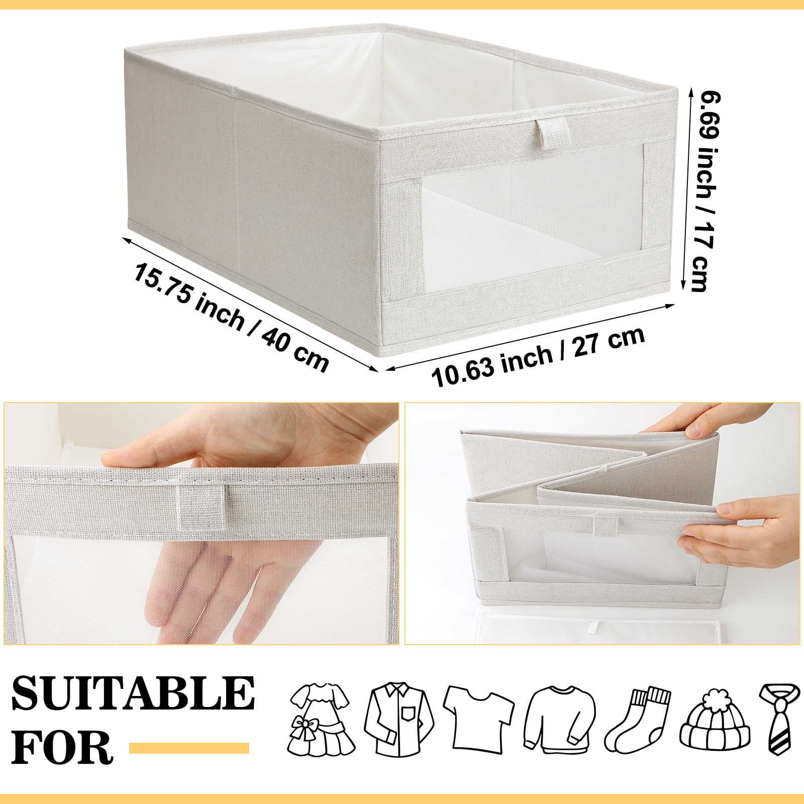 Kigley 8 Pcs Linen Closet Organizers and Storage Foldable Clothing Bins Large Foldable Box with Window Storage Baskets for Closet Shelf Clothes Jeans Toys Organization, Beige