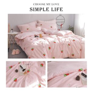 AOJIM Pink Strawberry Kids Duvet Cover for Girls Women, Pure Cotton Bedding Duvet Cover with Zipper Closure, 1 Soft Comforter Cover Full Size and 2 Pillowcases, Cute Style Quilt Cover for Room Decor