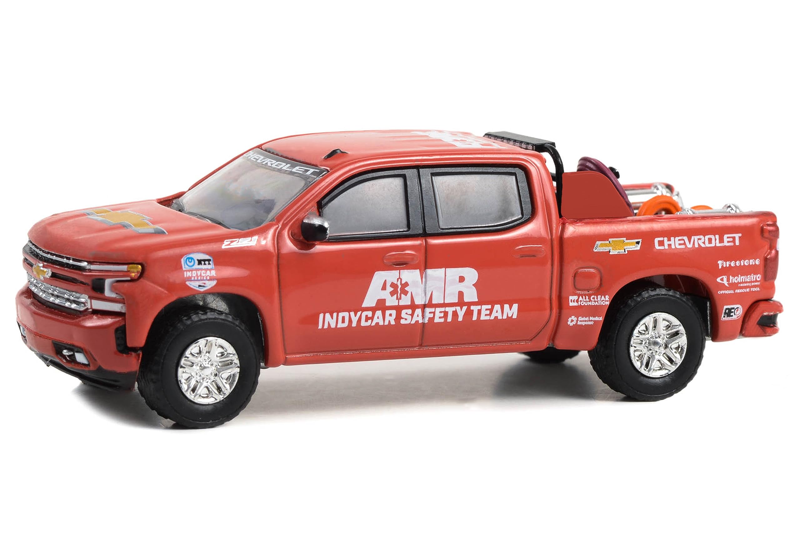 Greenlight 2021 Chevrolet Silverado Pickup Truck Red 2021 NTT IndyCar Series AMR IndyCar Safety Team with Safety Equipment in Truck Bed Hobby Exclusive Series 1/64 Diecast Model