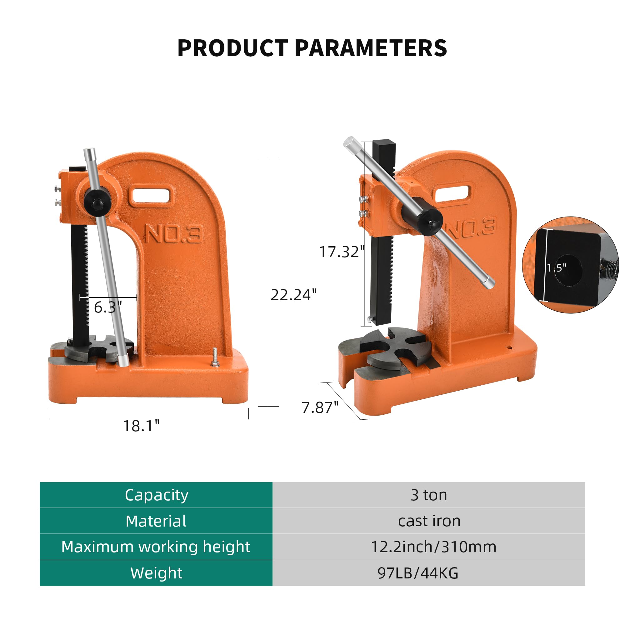 YITAHOME 3 Ton Manual Arbor Press, 12.2 Inch Maximum Height, Heavy Duty Arbor Presses, Press Machine for Riveting Punching Holes, Orange Manual Desktop Arbor Press Cast Iron Material