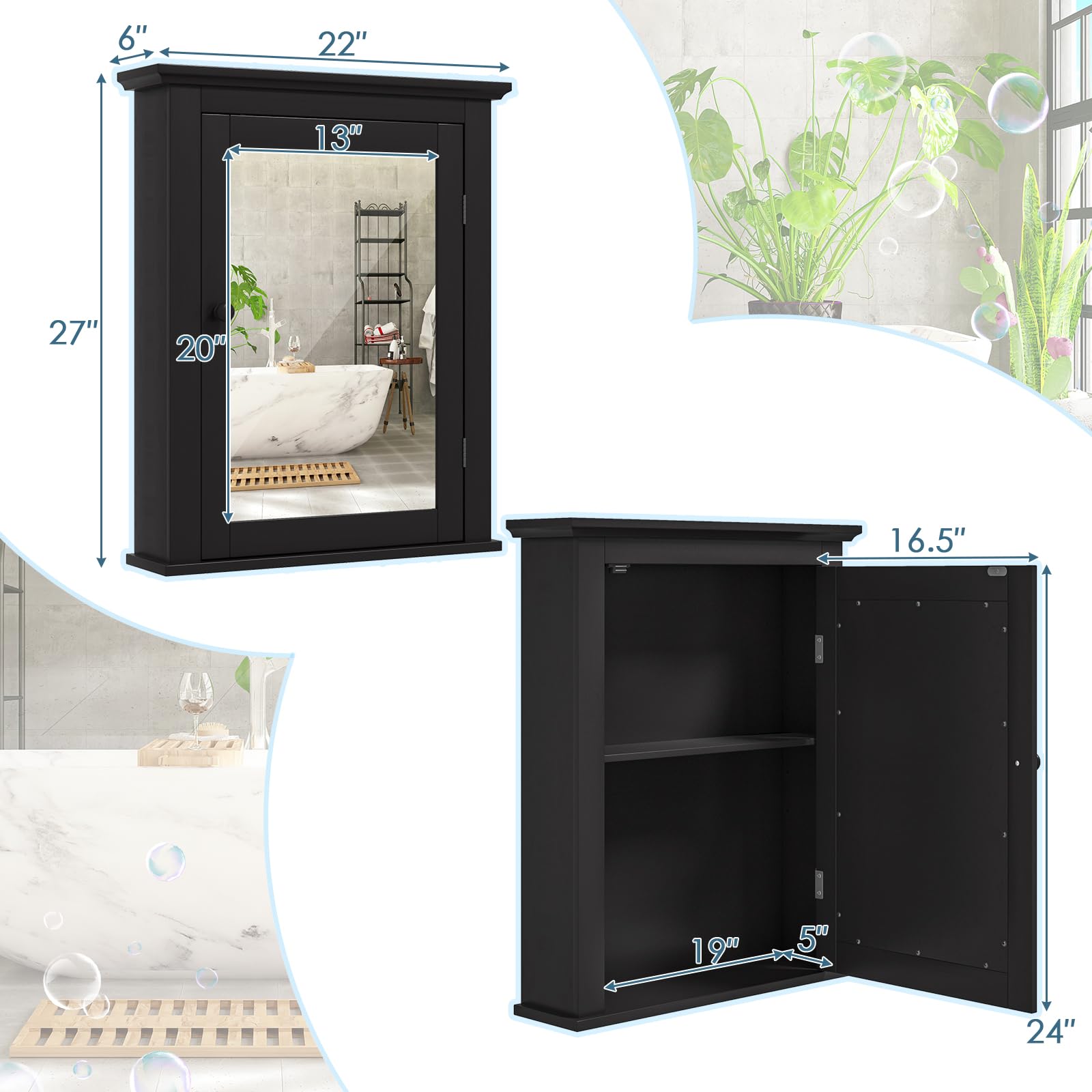 COSTWAY Bathroom Medicine Cabinet with Mirror, Wall-Mounted Storage Cabinet Organizer with 5-Position Adjustable Shelf, Hanging Bathroom Wall Cabinet for Living Room Bedroom Entryway (Black)