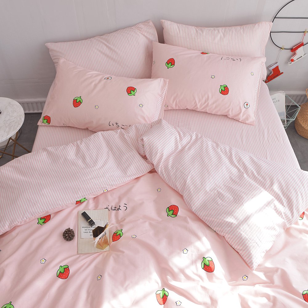 AOJIM Pink Strawberry Kids Duvet Cover for Girls Women, Pure Cotton Bedding Duvet Cover with Zipper Closure, 1 Soft Comforter Cover Full Size and 2 Pillowcases, Cute Style Quilt Cover for Room Decor