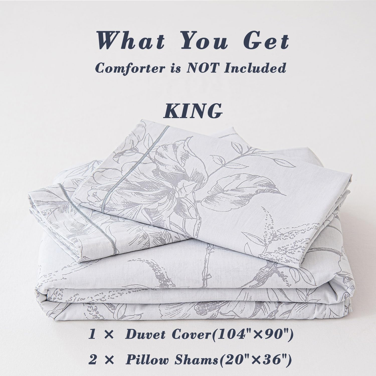 ALEISSEL 100% Natural Cotton 3pcs Floral Duvet Cover Sets-Grayish White Duvet Cover with Gray Luxurious Flowers & Branches Pattern,Botanical Comforter Cover Sets with Button Closure(King,Botanical