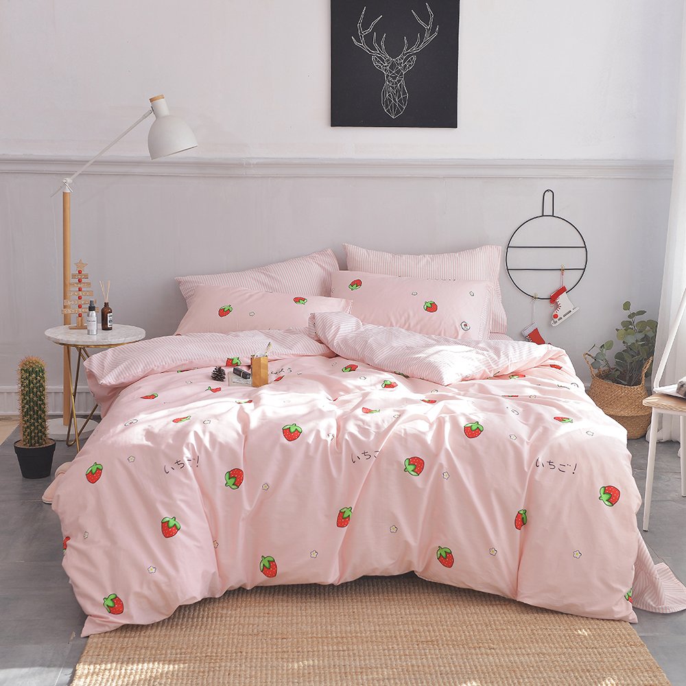 AOJIM Pink Strawberry Kids Duvet Cover for Girls Women, Pure Cotton Bedding Duvet Cover with Zipper Closure, 1 Soft Comforter Cover Full Size and 2 Pillowcases, Cute Style Quilt Cover for Room Decor