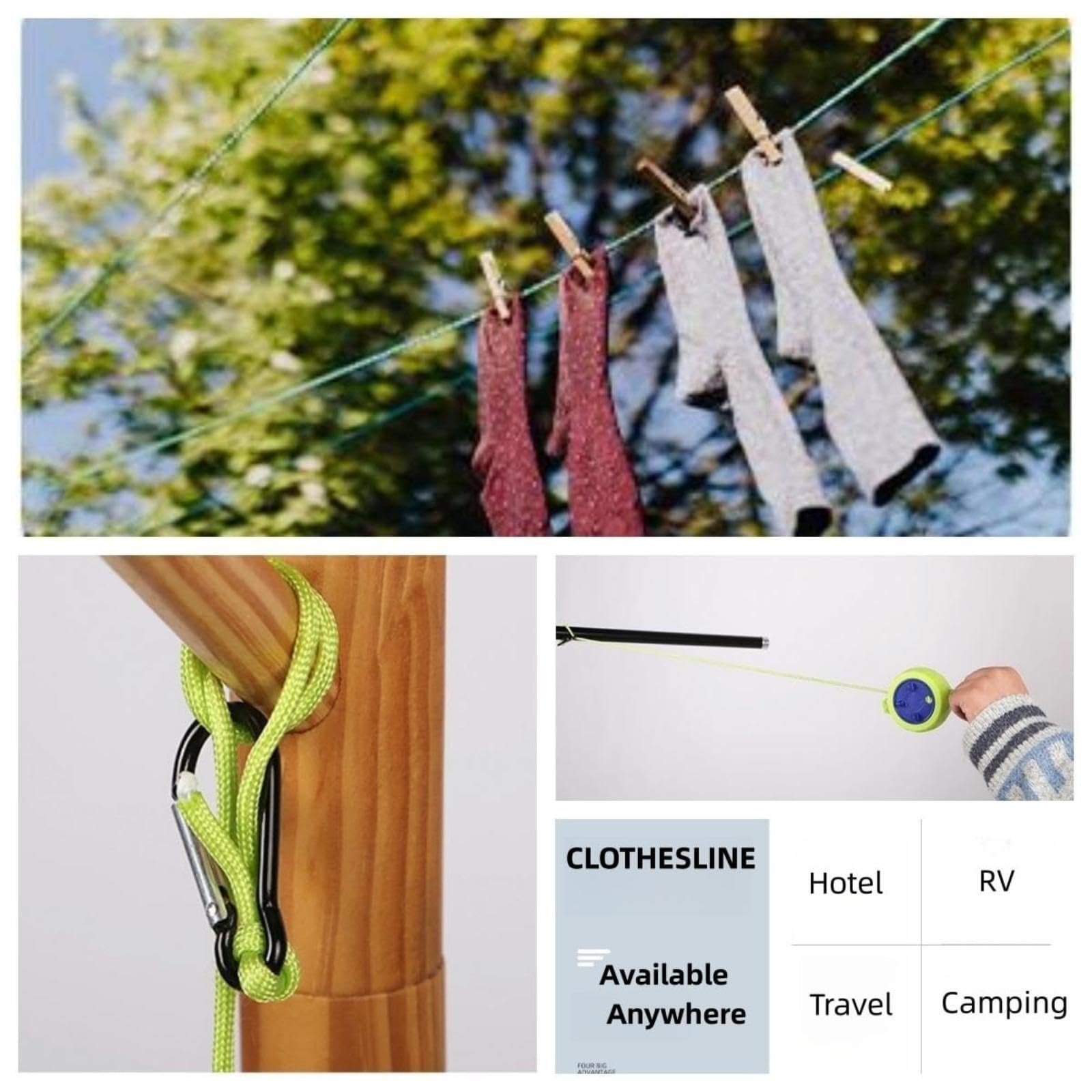 Portable Travel Clothesline - Adjustable 33ft Retractable Clothesline, Camping Clothesline, Hotel Travel Use, Indoor/Outdoor Clothesline (Green)