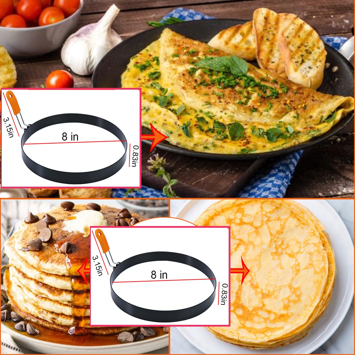 2 Packs 8" Large Omelette Ring for Griddle,8 Inch Stainless Steel Non-stick Omelet Ring,Round Pancake Rings Griddle Omelette Egg Ring Crumpet Ring with Silicone Handle Grill Oil Brush & Egg Separator