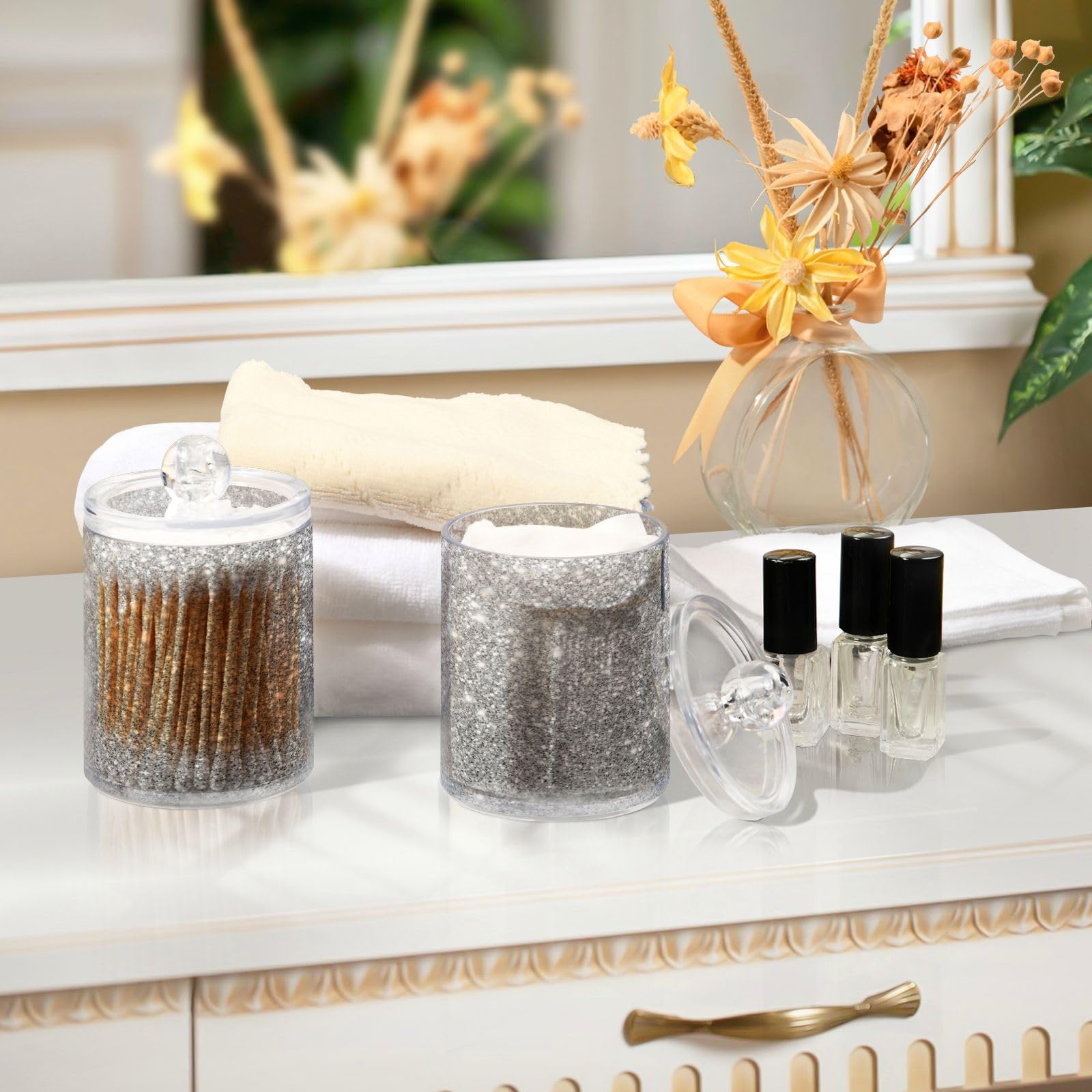 Silver White Glitter Qtip Holder Dispenser Flash Gradient Sparkle Bathroom Canister Storage Organization 2 Pack Clear Plastic Apothecary Jars with Lids Vanity Makeup Organizer For Cotton Swab Ball F