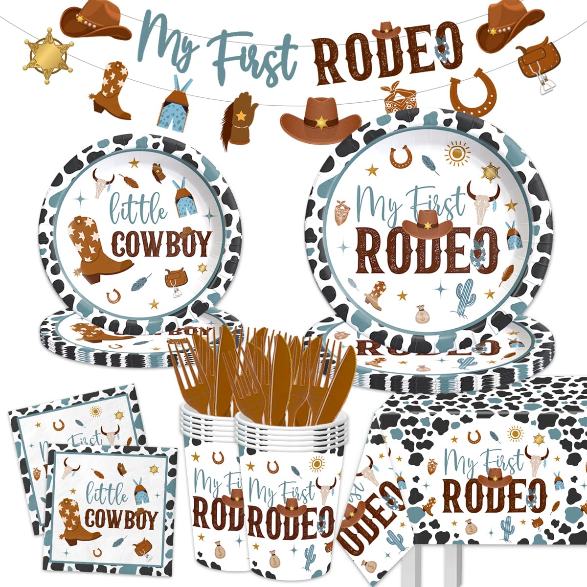 My First Rodeo Birthday Party Supplies Boy-142Pcs Western Cowboy Tableware 1st Rodeo Birthday Party Decorations Blue My First Rodeo Baby Shower Dinnerware for Boy