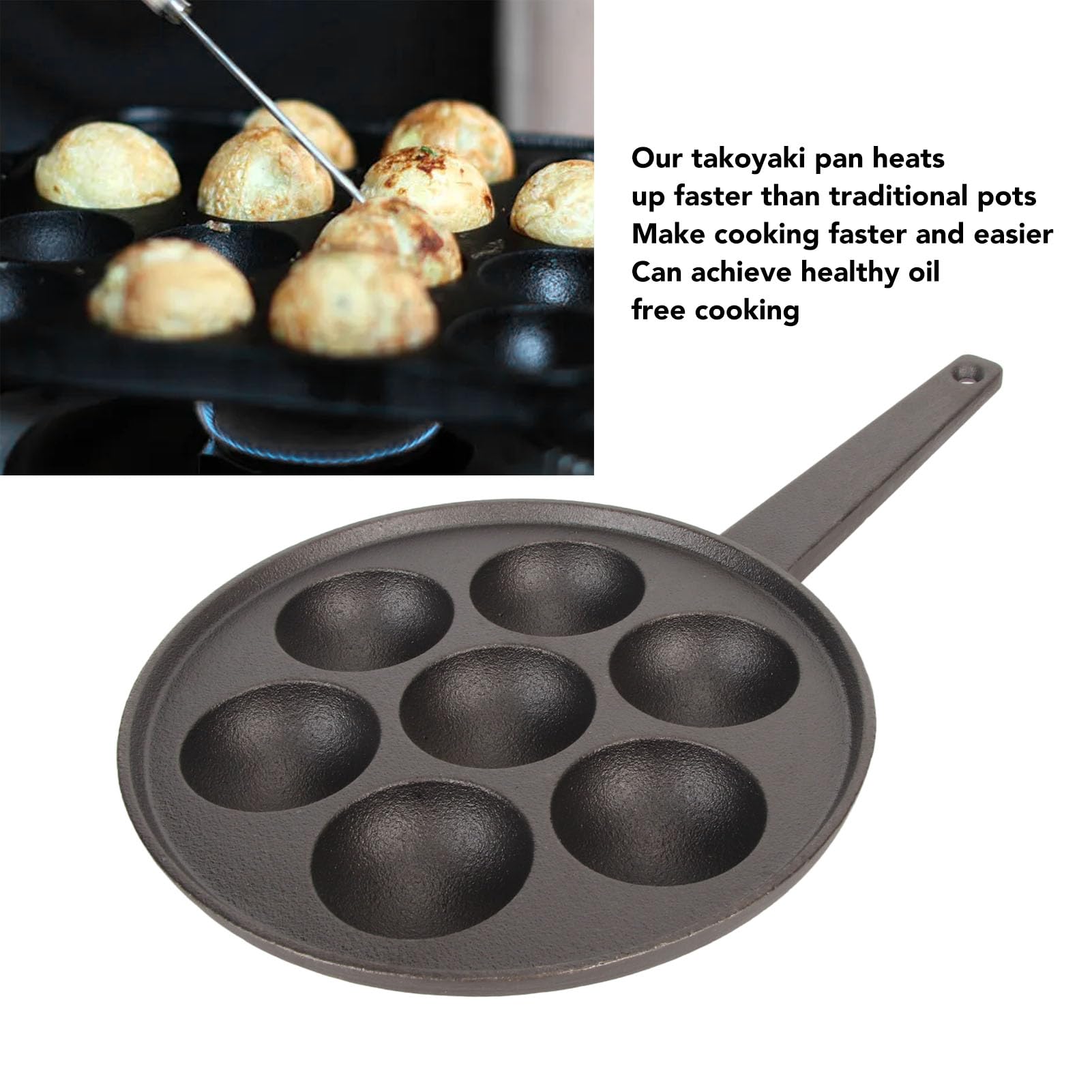 Pssopp 7 Holes Takoyaki Pan,Cast Iron NonStick Takoyaki Grill Pan Plate Takoyaki Maker Pancake Balls Takoyaki Pan Nonstick Cast Baking Tray