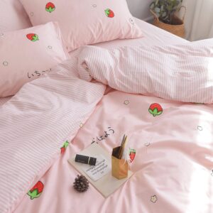 AOJIM Pink Strawberry Kids Duvet Cover for Girls Women, Pure Cotton Bedding Duvet Cover with Zipper Closure, 1 Soft Comforter Cover Full Size and 2 Pillowcases, Cute Style Quilt Cover for Room Decor