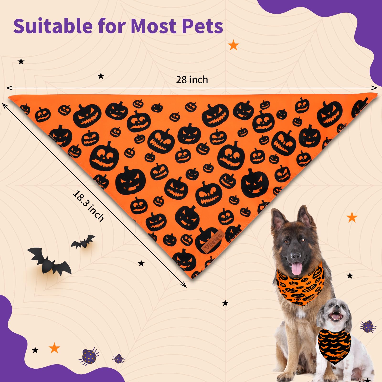 Viretec Halloween Dog Bandanas, Reversible Triangle Bibs Pumpkin and Bat Pet Scarf, Thanksgiving Fall Dog Scarf for Boy and Girl, Halloween Costumes Accessories Gift for Dogs Cats (Pack of 2)