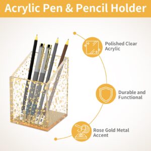 Modern Acrylic Pen Holder with 1 Compartments Gold Base, Multifunctional Pencil Holder for Desk Gold Leaf, Makeup Brush Holder, Marker Holder for Office, Classroom, Home