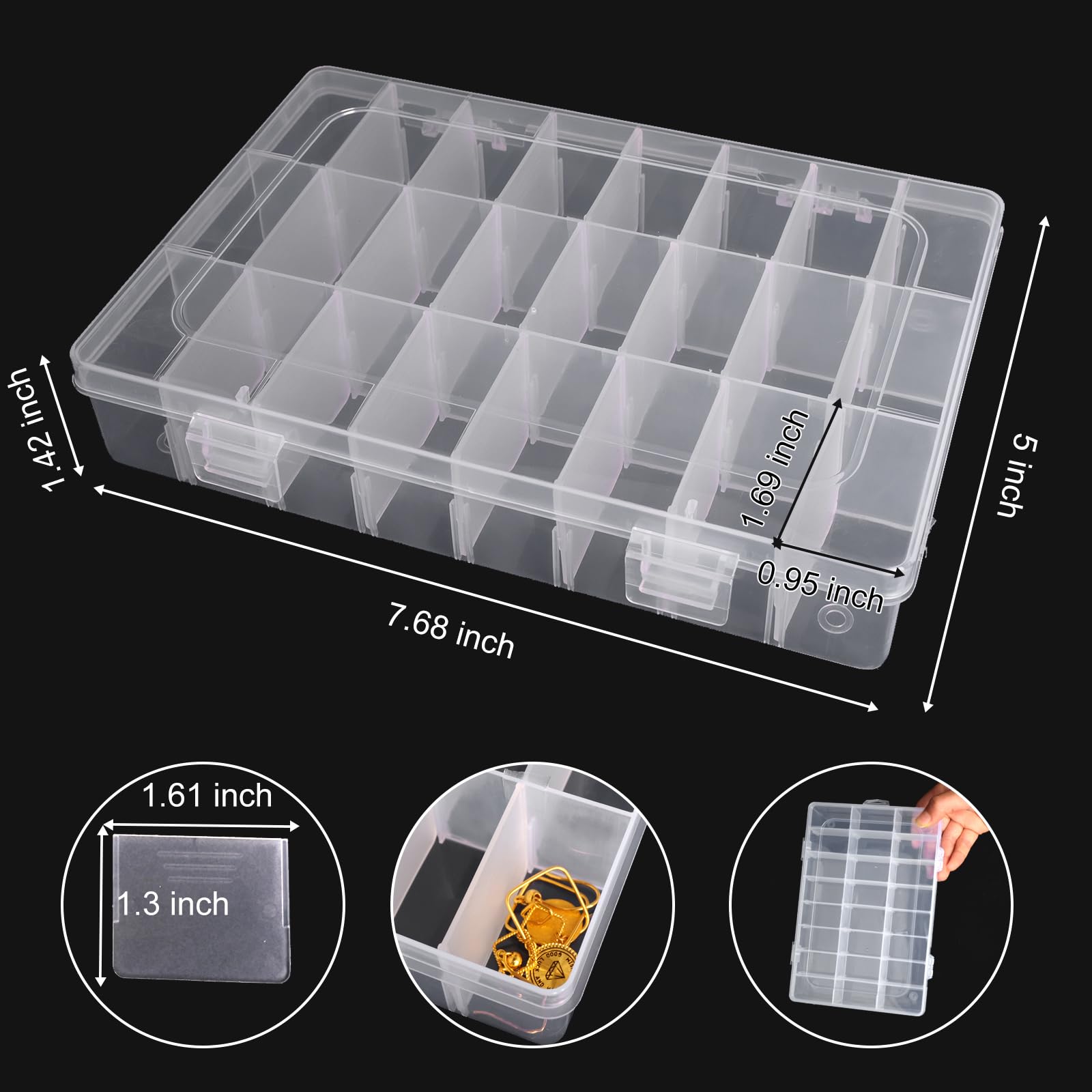 2 Pack 24 Grids Clear Plastic Organizer Box, Storage Container with Adjustable Divider, Craft and Bead Storage Organizer Box for DIY Crafts Jewelry Fishing Tackles with 1 Sheets Label Stickers