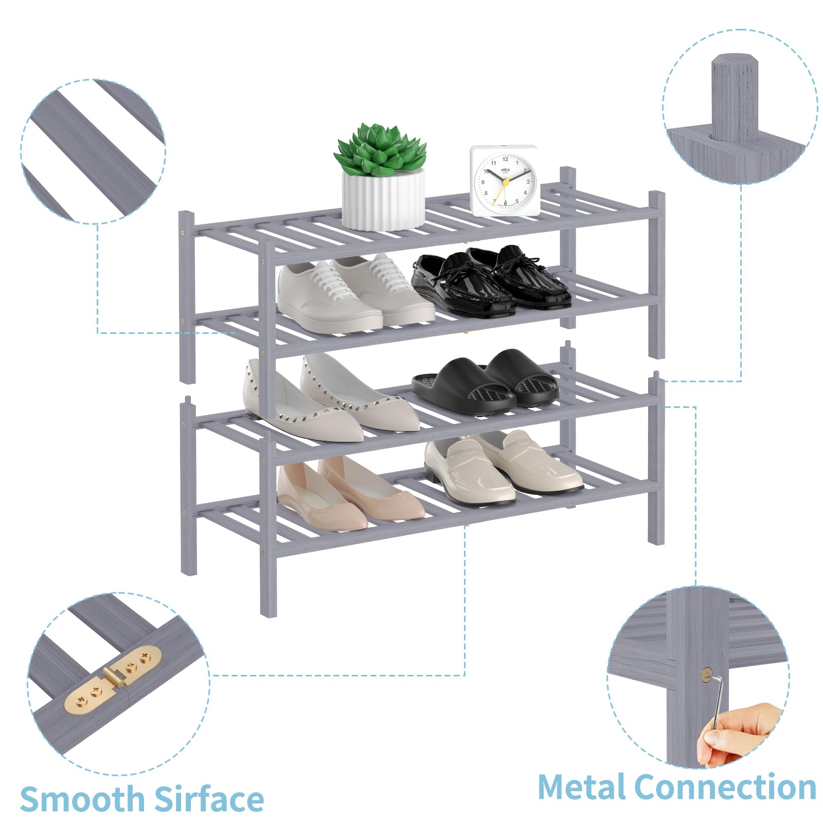 RONGJIA 4-Tier Natural Bamboo Shoe Rack - Stackable Storage Shelf with Multi-Function Combinations - Free Standing Shoe Racks for Convenient Shoe Organization（Gray） 11" D x 27" W x 28" H