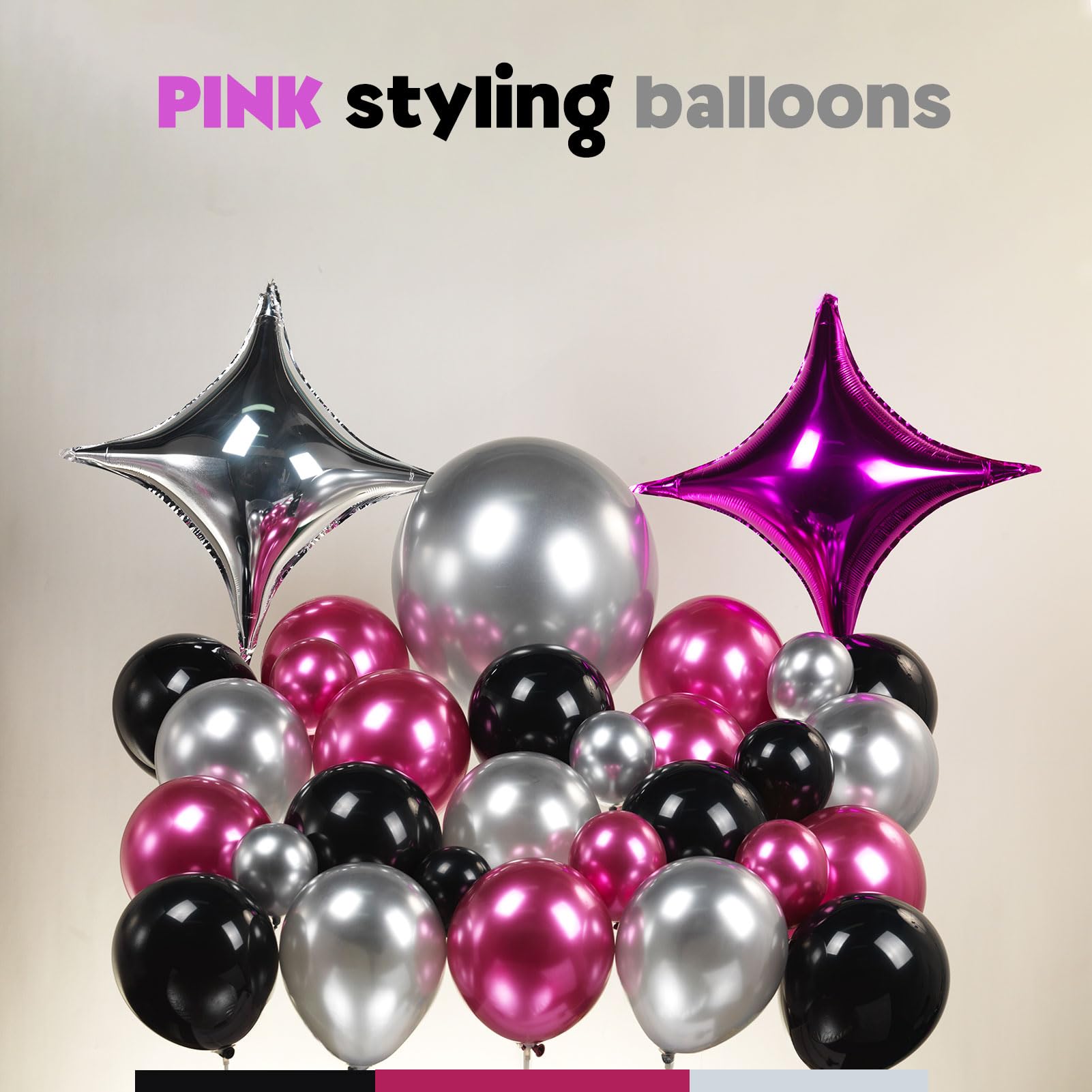 Chrome Hot Pink Black silver Balloon garland kit 126Ppcs with champagne glass and large star balloons for women 21/30th Birthday Mother's Day anniversary 2024 graduations Prom Party Decorations