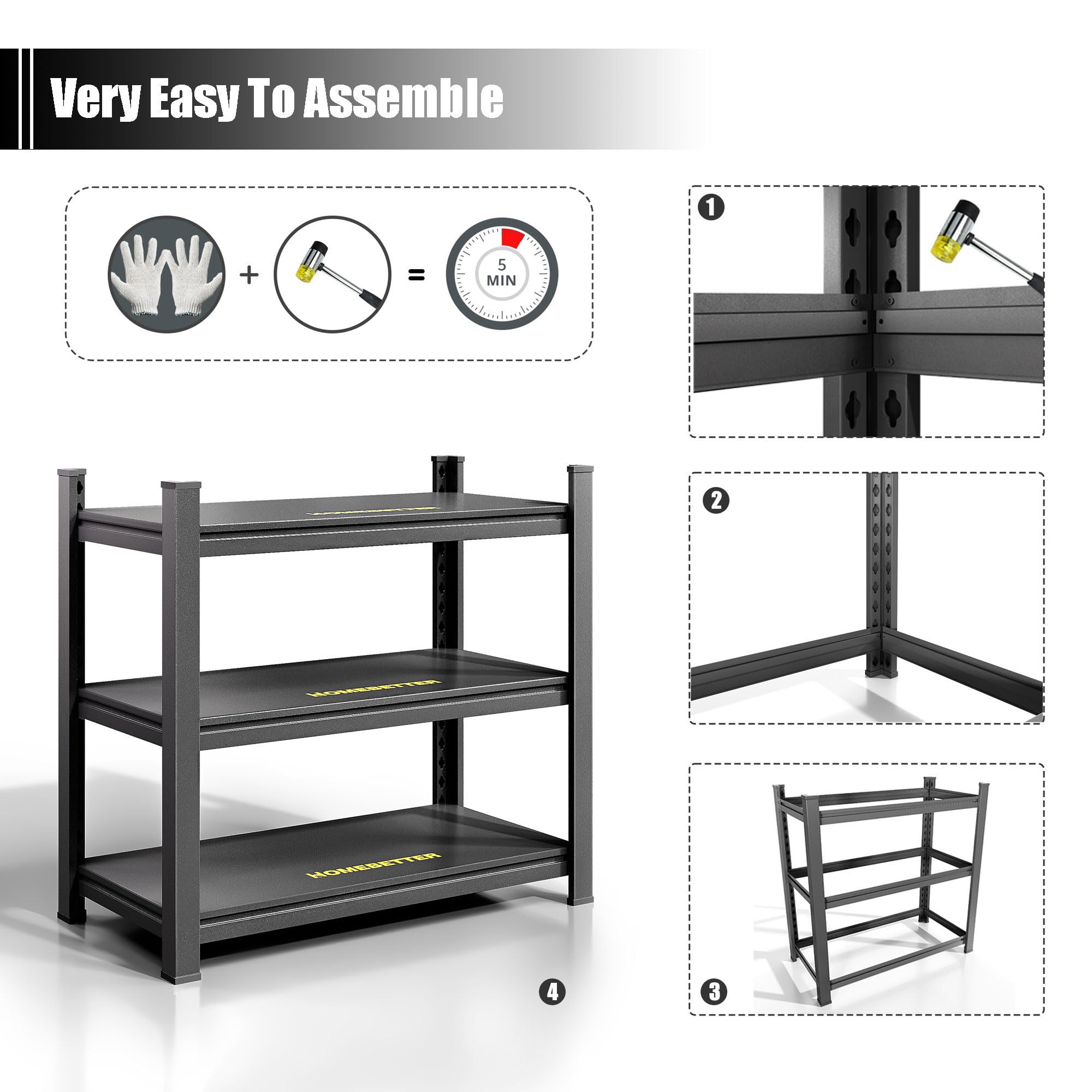 HOMEBTTER 3-Tier Garage Shelving,Heavy Duty Garage Storage Shelves 1500LBS Load Capacity,Black,32" WX18 DX47 H,Height Adjustable Metal Shelving for Garage Warehouse Basement Pantry Kitchen