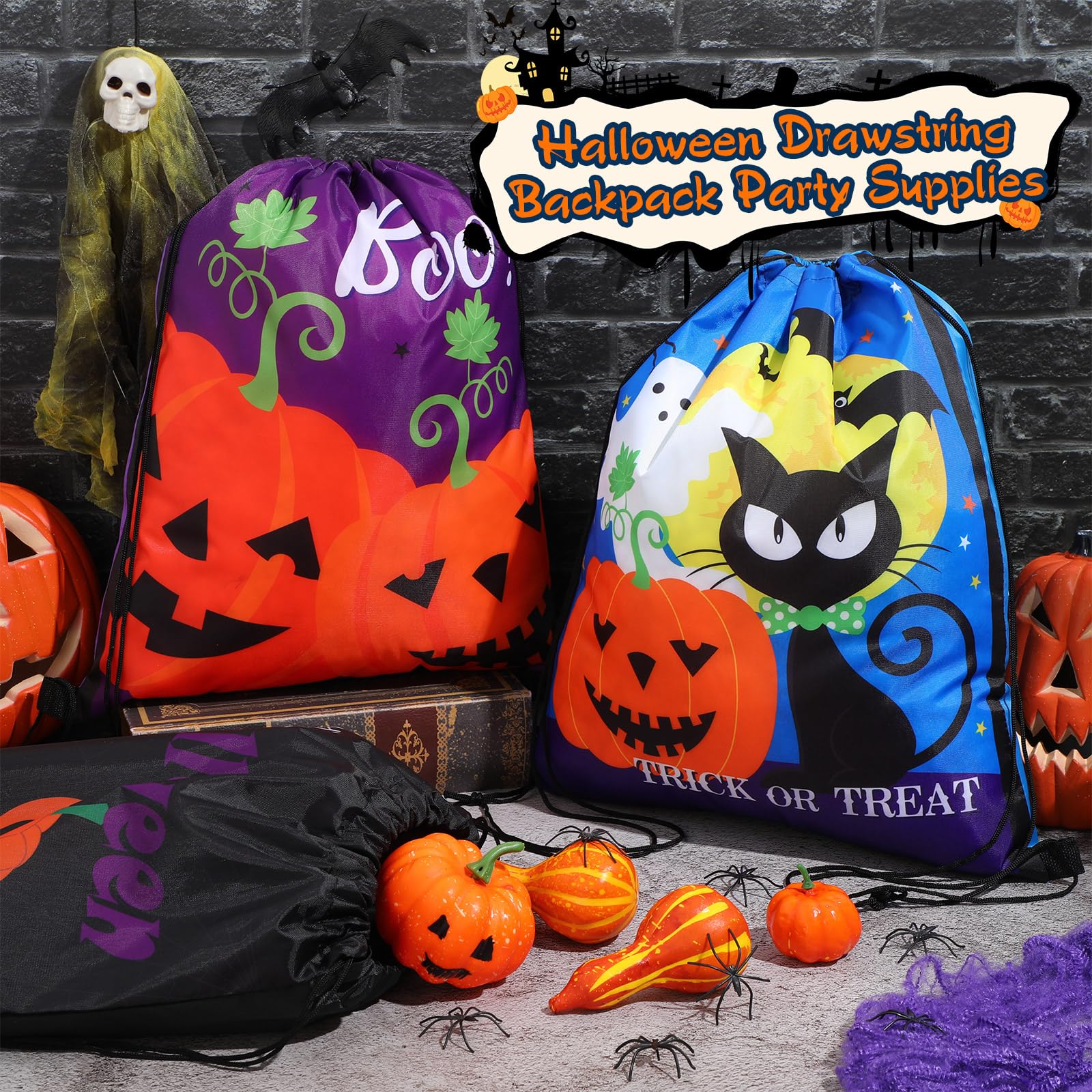 Hosuly 100 Pcs Large Halloween Drawstring Backpack Goody Bags 16.5 x 13.4 Inch Huge Trick or Treat Polyester Sack Gift Backpack Candy Bags Halloween Drawstring Bags Bulk for Party Gift Wrap Bags