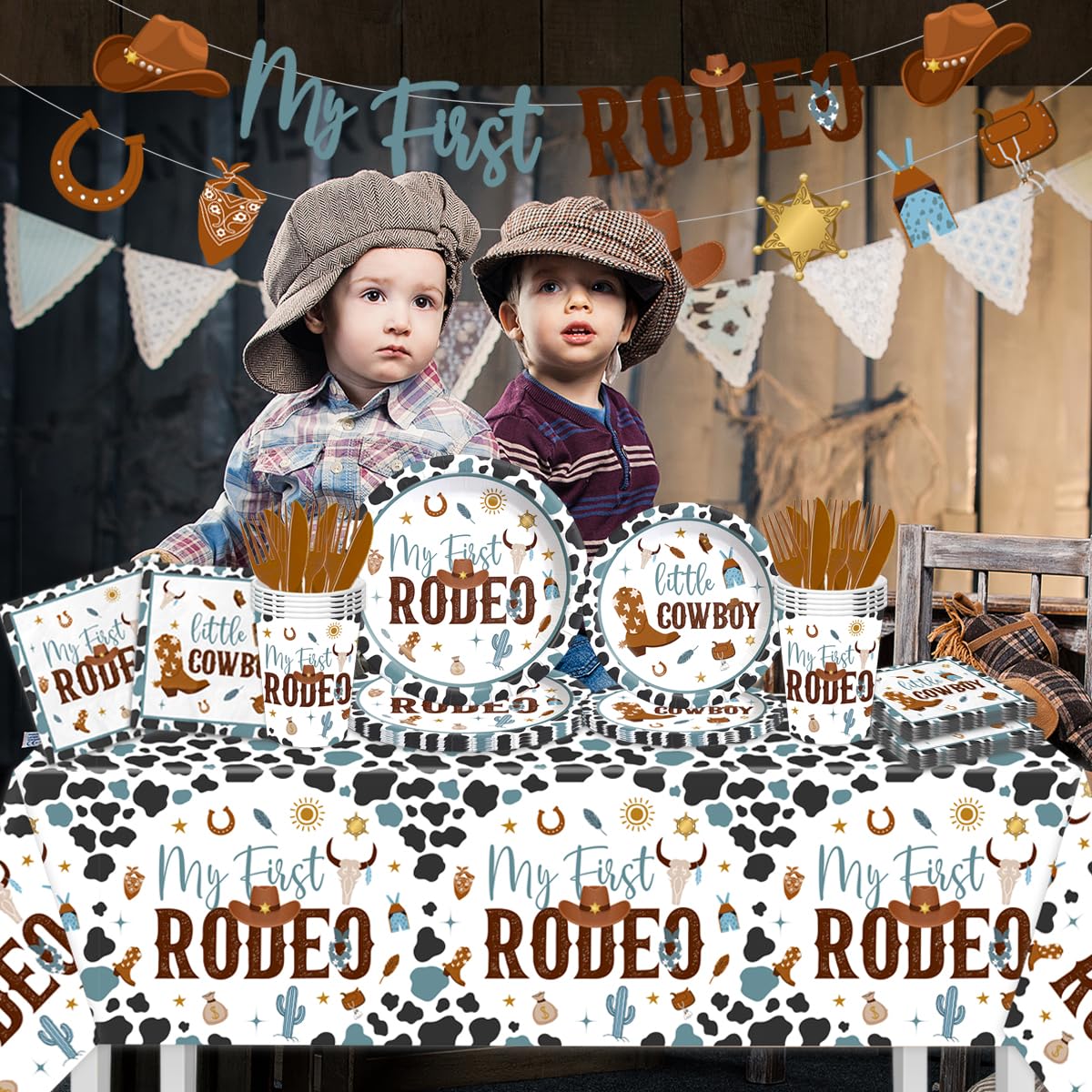 My First Rodeo Birthday Party Supplies Boy-142Pcs Western Cowboy Tableware 1st Rodeo Birthday Party Decorations Blue My First Rodeo Baby Shower Dinnerware for Boy