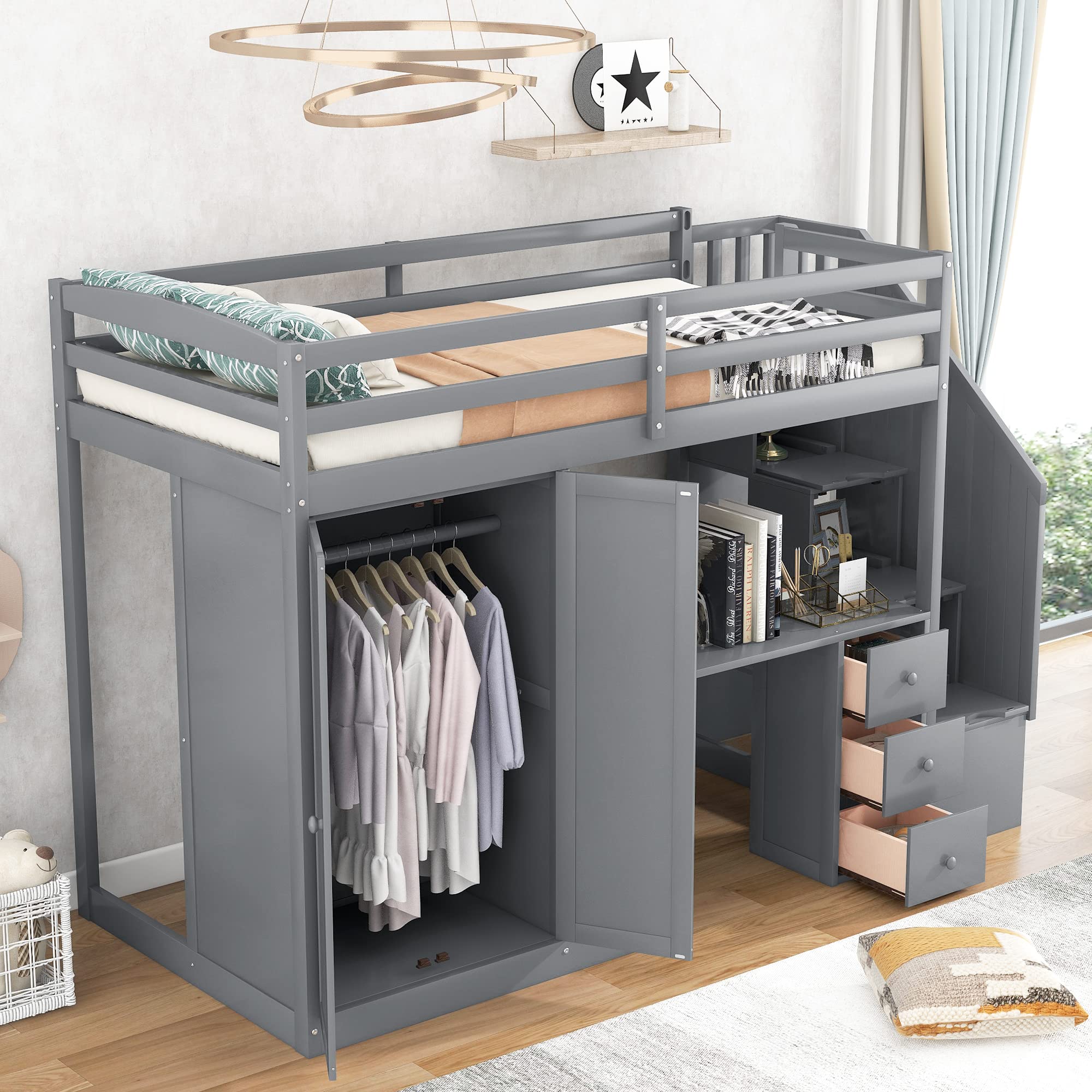 Gray Twin Size Loft Bed with Stairs and Desk, Wooden Twin Loft Bed with Wardrobe and Storage Drawers, High Loft Bed Frame for Kids, Teens, Adults Boys & Girls, Loft Bed Twin with Storage