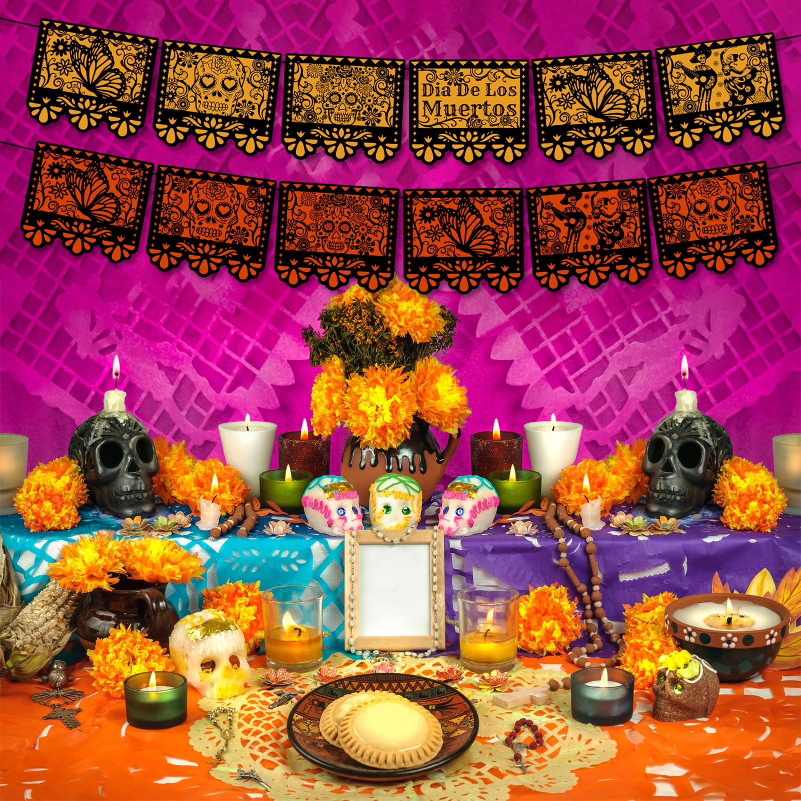 HOWAF 2 Strings Dia De Los Muertos Banners, Day of the Dead Sugar Skull Marigold Butterfly Decorations Picado Banners for Mexican Dia De Los Muertos Diwali Decor, Mexican Halloween Butterfly Hanging