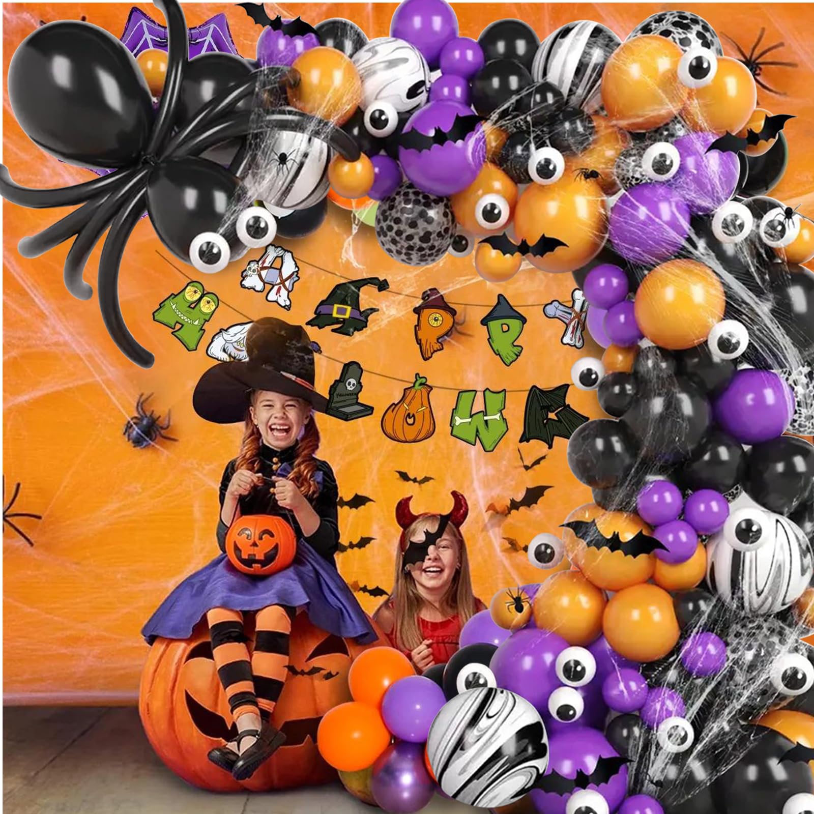 175Pcs Halloween Balloon Arch Kit, DIY Hallowen Party Supplies with Black Purple Orange Balloons for Party Decorations