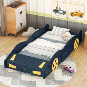 harper & bright designs twin size car-shaped platform bed with storage and wheels, kids twin bed montessori bed wood frame, slats included, no box spring needed (dark blue+yellow)