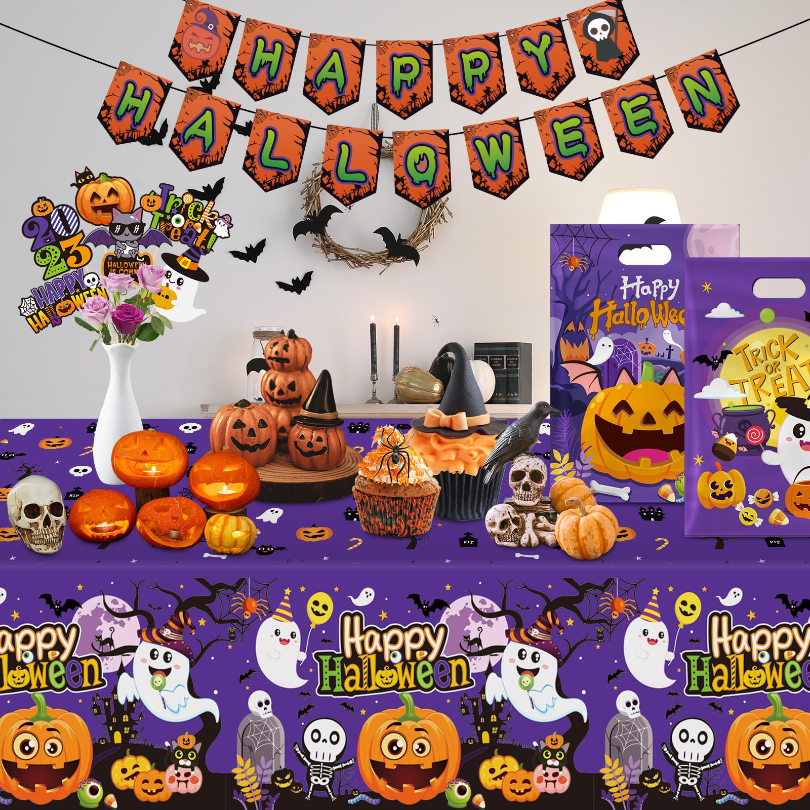 3 Pcs Happy Halloween Tablecloth - Halloween Cute Pumpkin Ghost Plastic Table Cloth Disposable Rectangular Purple Table Covers for Halloween Table Decorations Party Supplies Decor, 108 x 54 Inch