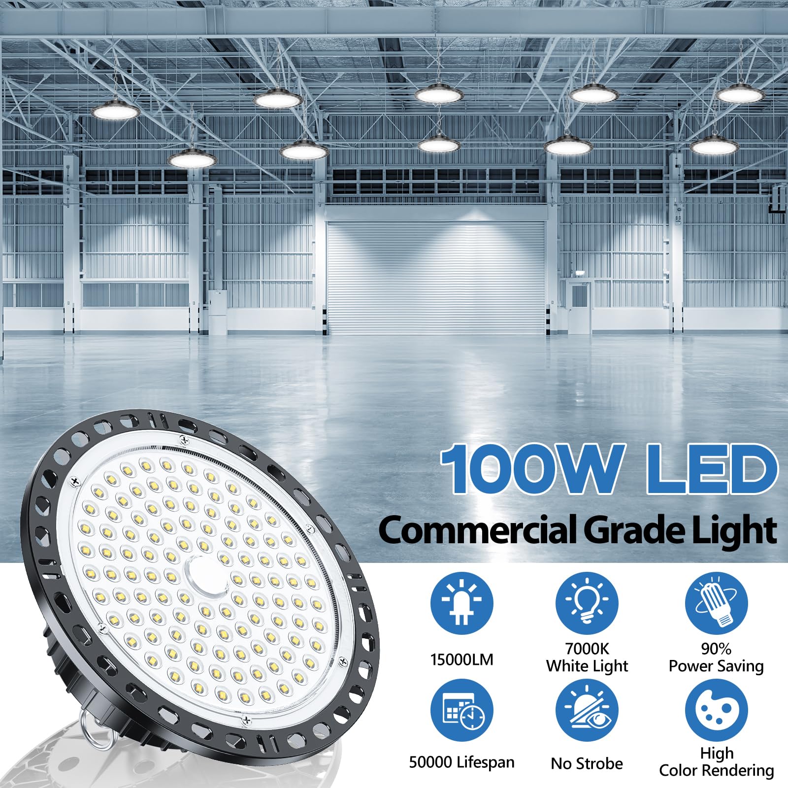 UFO LED High Bay Light - 10PACK 100W 15000LM High Bay LED Light with IP65 Waterproof and US Plug 6.5ft Cord, 7000k Daylight High Bay LED Shop Lights for Construction Site, Warehouse, Factory, Yard