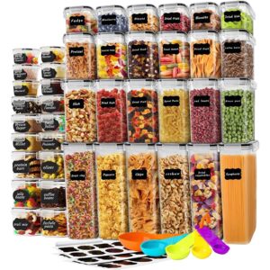 stusgo 42 pack airtight food storage containers with lids, plastic kitchen and organization canisters for cereal, flour and sugar, includes spoons, labels and a pen