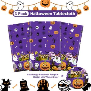 3 Pcs Happy Halloween Tablecloth - Halloween Cute Pumpkin Ghost Plastic Table Cloth Disposable Rectangular Purple Table Covers for Halloween Table Decorations Party Supplies Decor, 108 x 54 Inch