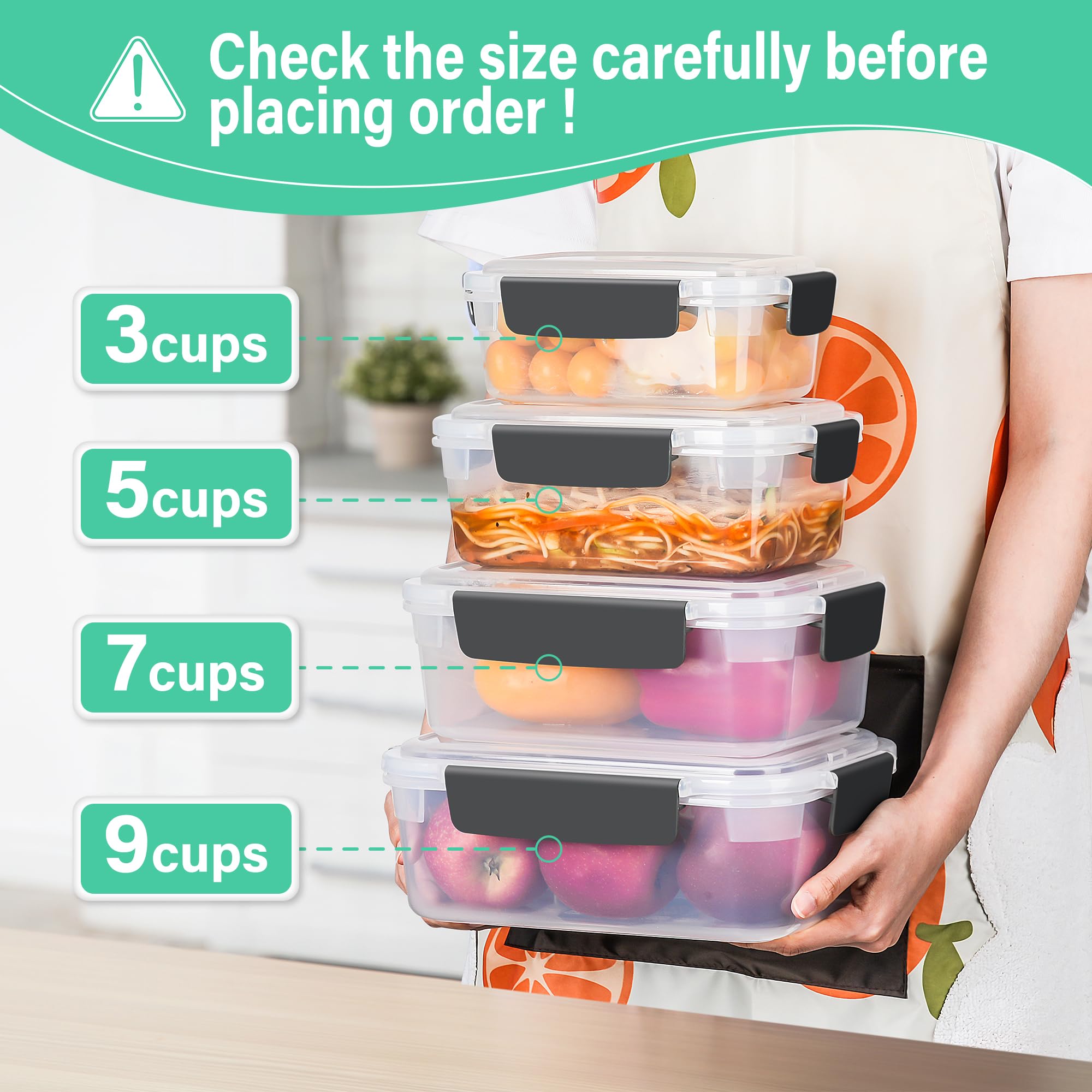 YORY 3 cup Plastic Food Storage Containers with Lids Nestable Freezer Dishwasher Safe Rectangle Container Set,5-Pack