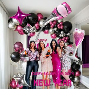 Chrome Hot Pink Black silver Balloon garland kit 126Ppcs with champagne glass and large star balloons for women 21/30th Birthday Mother's Day anniversary 2024 graduations Prom Party Decorations