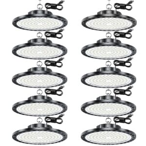 ufo led high bay light - 10pack 100w 15000lm high bay led light with ip65 waterproof and us plug 6.5ft cord, 7000k daylight high bay led shop lights for construction site, warehouse, factory, yard