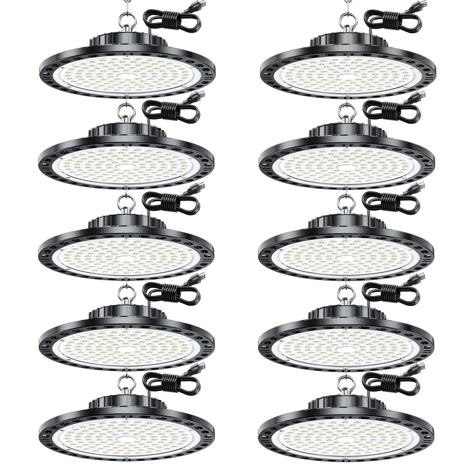 UFO LED High Bay Light - 10PACK 100W 15000LM High Bay LED Light with IP65 Waterproof and US Plug 6.5ft Cord, 7000k Daylight High Bay LED Shop Lights for Construction Site, Warehouse, Factory, Yard