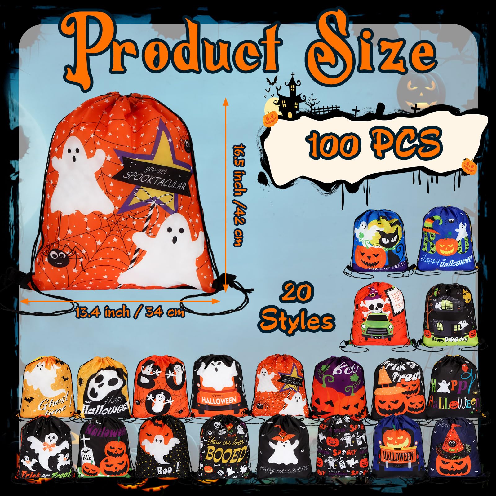 Hosuly 100 Pcs Large Halloween Drawstring Backpack Goody Bags 16.5 x 13.4 Inch Huge Trick or Treat Polyester Sack Gift Backpack Candy Bags Halloween Drawstring Bags Bulk for Party Gift Wrap Bags