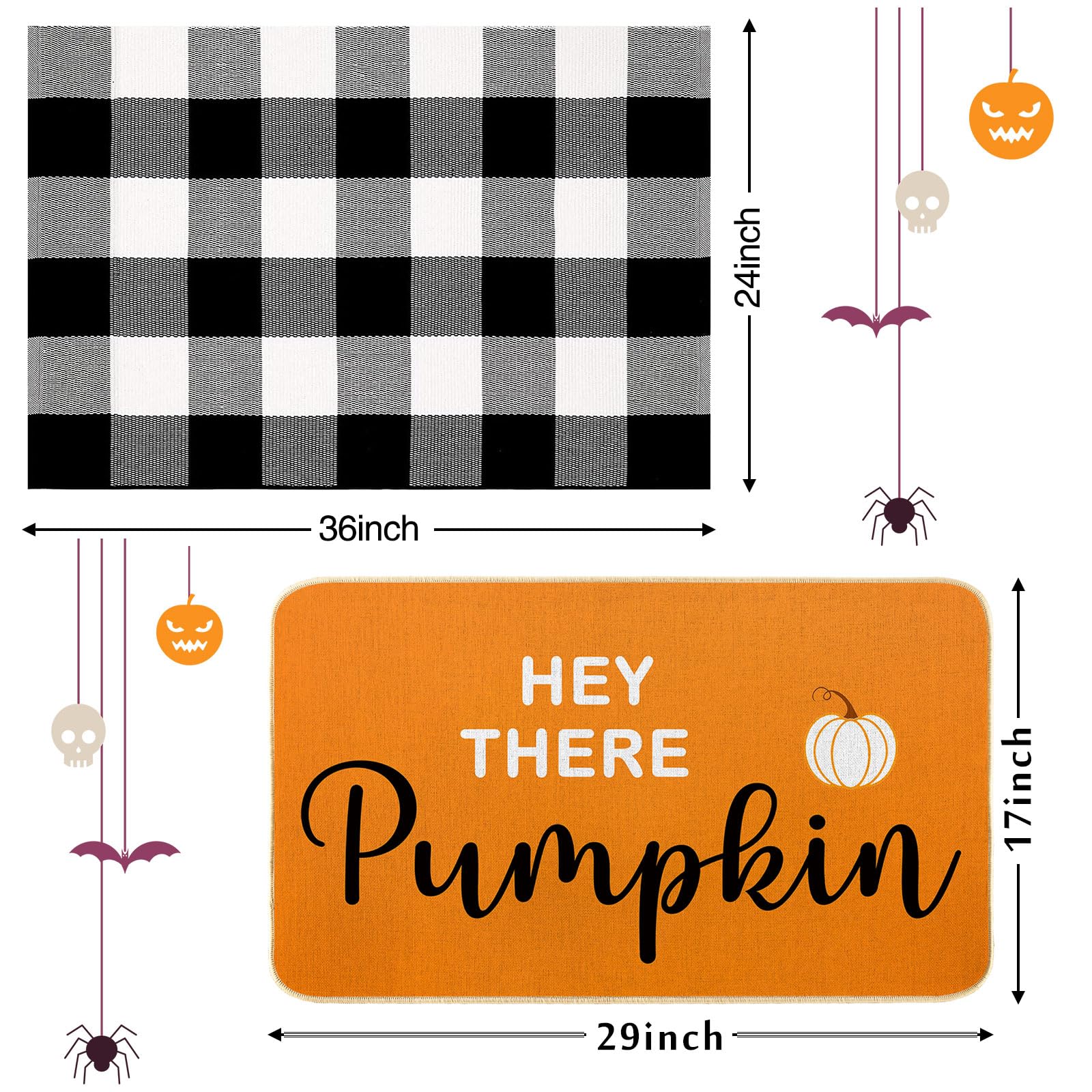 Hey There Pumpkin Door Mat 2 Pcs Fall Welcome Mat with Buffalo Plaid Rug Fall Decor - Autumn Thanksgiving Halloween Front Porch Entryway Outdoor Entrance Doormat