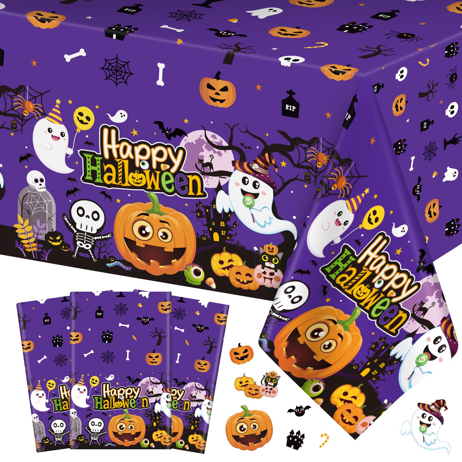 3 Pcs Happy Halloween Tablecloth - Halloween Cute Pumpkin Ghost Plastic Table Cloth Disposable Rectangular Purple Table Covers for Halloween Table Decorations Party Supplies Decor, 108 x 54 Inch