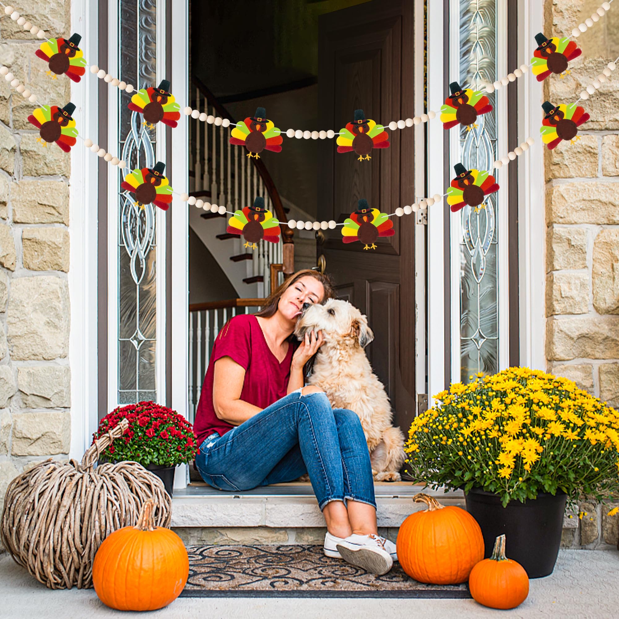 Thanksgiving Party Decorations - NO DIY - Thanksgiving Felt Turkey Wood Beads Garland Banner for Thanksgiving Indoor Outdoor, Rustic Farmhouse Thanksgiving Banner for Fireplace Mantle Wall Party