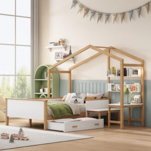 full size house bed with storage and desk for kids, wood montessori beds with rails and drawers, l-shape playhouse/tent/corner bed frame for girls boys, white with natural