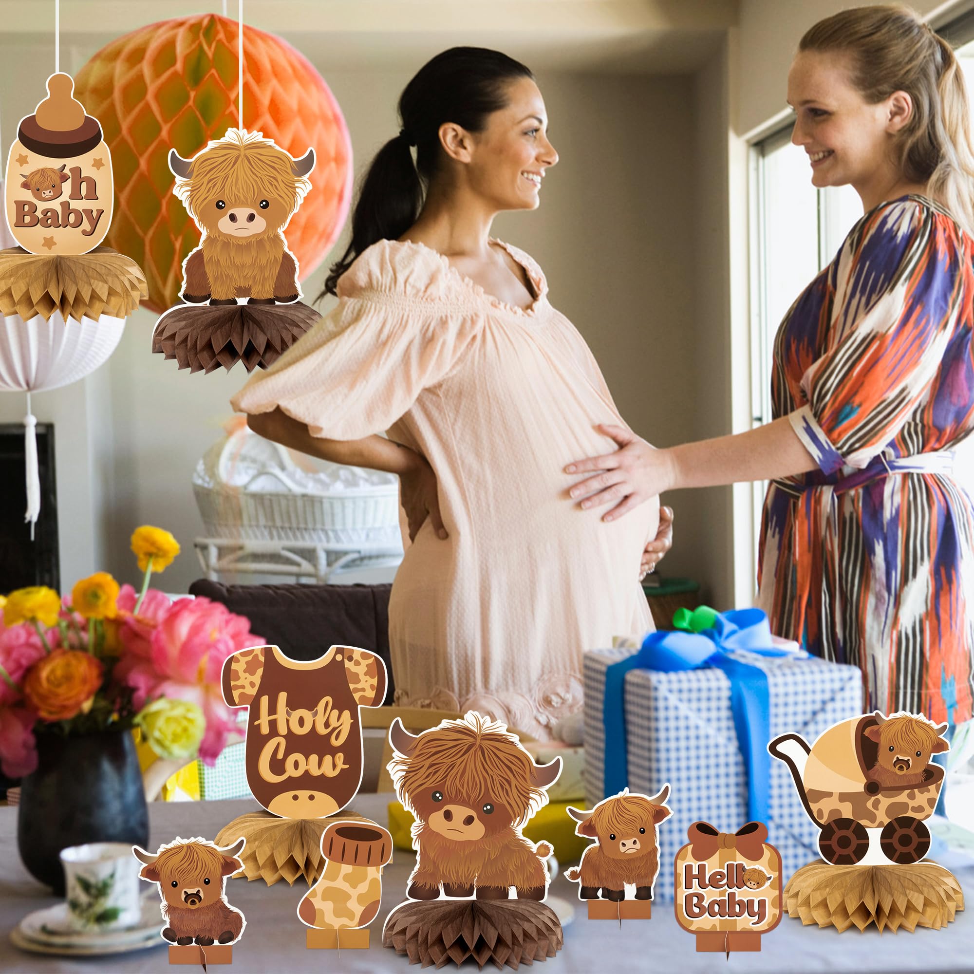 12Pcs Highland Cow Honeycomb Centerpieces Brown Highland Cattle Baby Shower Party Table Decorations Holy Cow Gender Reveal Cutouts Welcome Baby Party Table Toppers Photo Props Decor for Baby