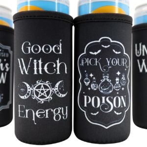 Witchy 12oz Slim Can Coolers - Stocking Stuffer Gothic Gift for Women, Adult Boo Basket for Her, Goth Car Accessories, Insulated 12 oz. Tall Skinny Can Cooler, Funny Witch Stuff Slim Can Sleeves