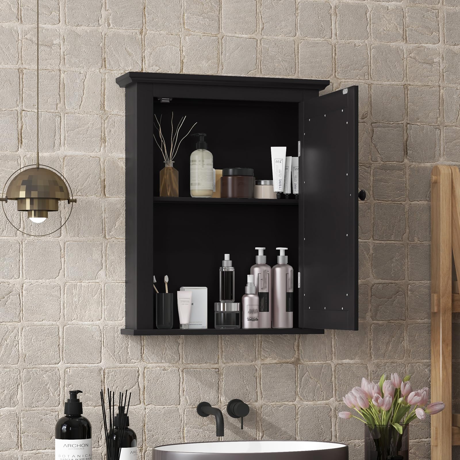 COSTWAY Bathroom Medicine Cabinet with Mirror, Wall-Mounted Storage Cabinet Organizer with 5-Position Adjustable Shelf, Hanging Bathroom Wall Cabinet for Living Room Bedroom Entryway (Black)