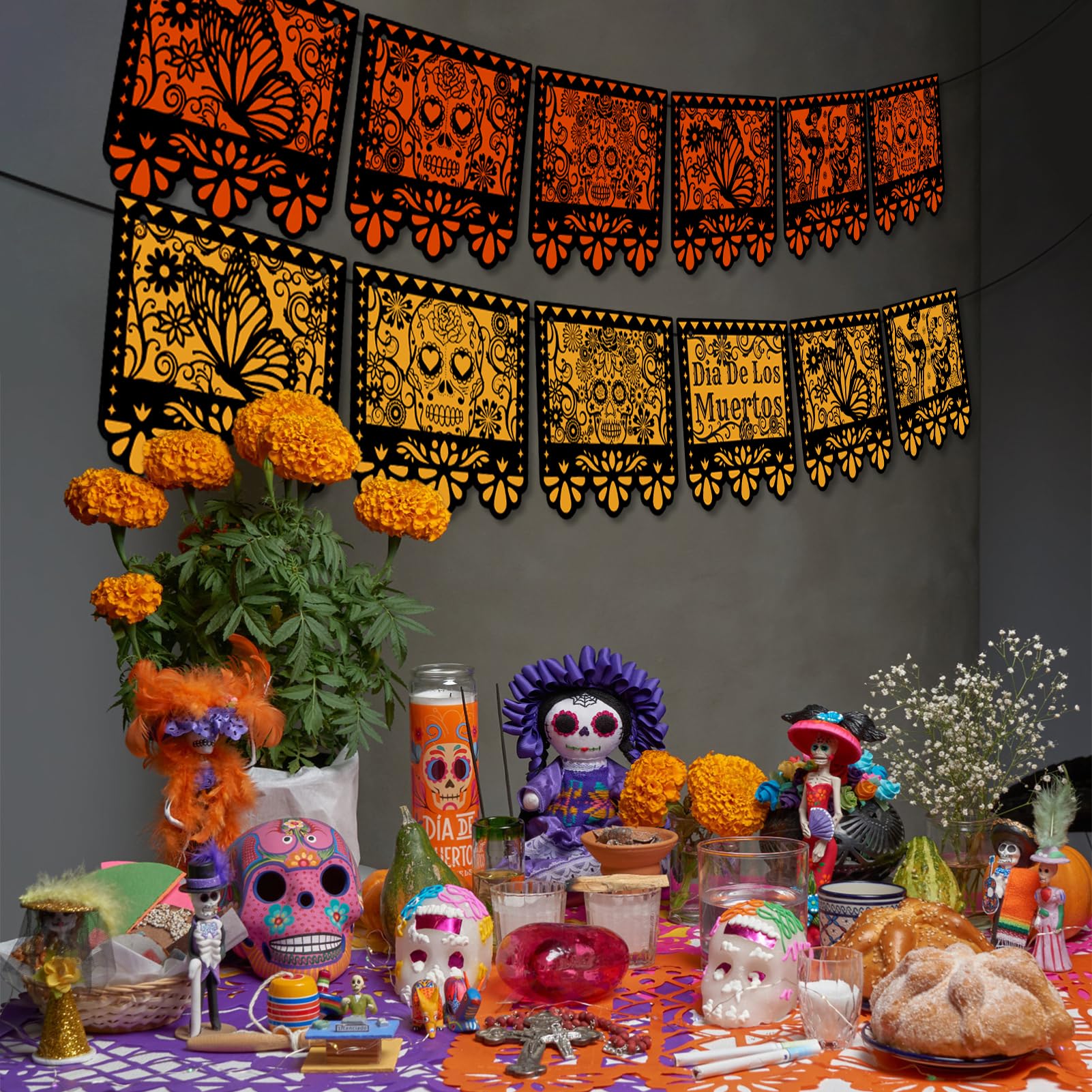 HOWAF 2 Strings Dia De Los Muertos Banners, Day of the Dead Sugar Skull Marigold Butterfly Decorations Picado Banners for Mexican Dia De Los Muertos Diwali Decor, Mexican Halloween Butterfly Hanging