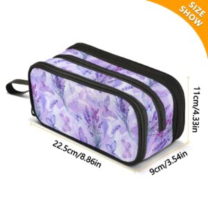 ALAZA Purple Butterfly Lavender Flowers Pencil Case Large Capacity,Pencil Pouch Office College Large Storage Pen Bag 3 Compartment Pencil Cases for Women Adults Teen