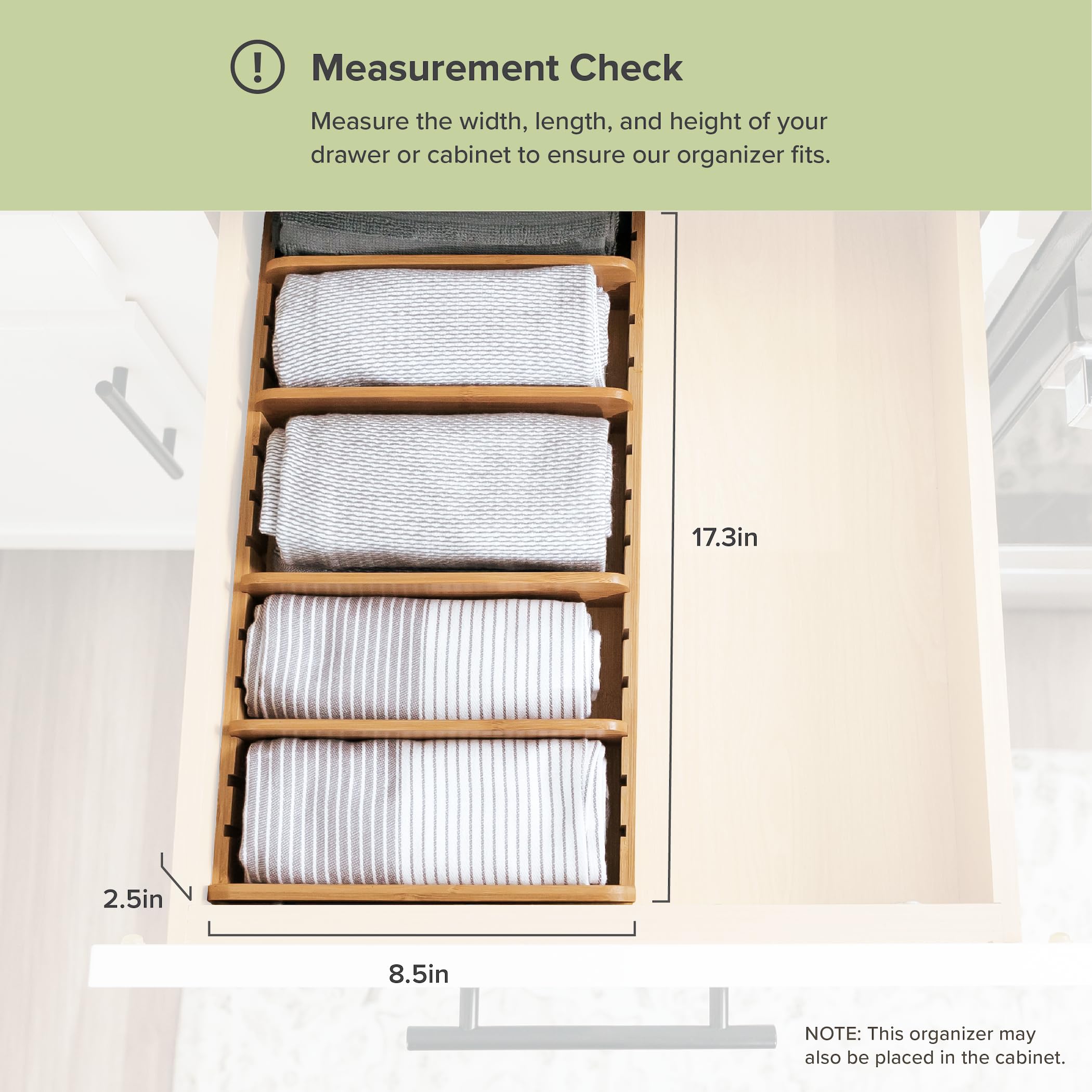 KitchenEdge Bamboo Kitchen Towel and Food-Storage Organizer, Perfect for Kitchen Drawers, Cabinets, Pantry, 5 Adjustable Wall Inserts, Organize & Store Plastic Food Containers