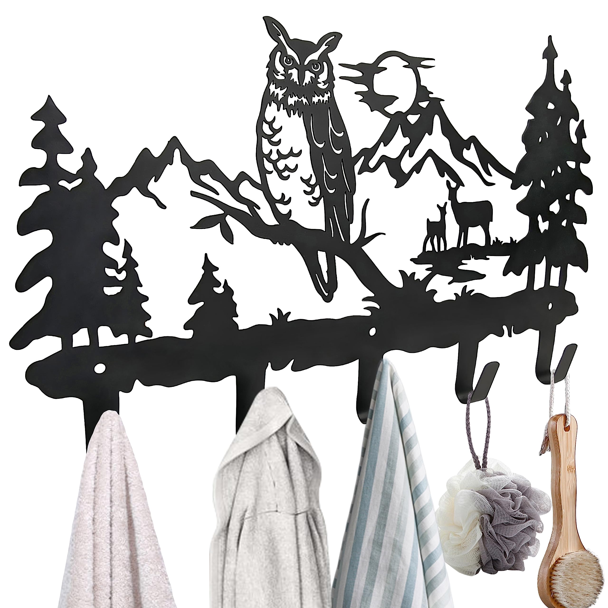 Qobumy Metal Owl Coat Hooks Wall Mounted with 5 Hooks-Hangers and Key Holder,Towels Clothes Hat Rack and Backpack-Heavy Duty Wall Hooks for Hanging-Animal Theme Sweet Home Wall Art Decor(Black)