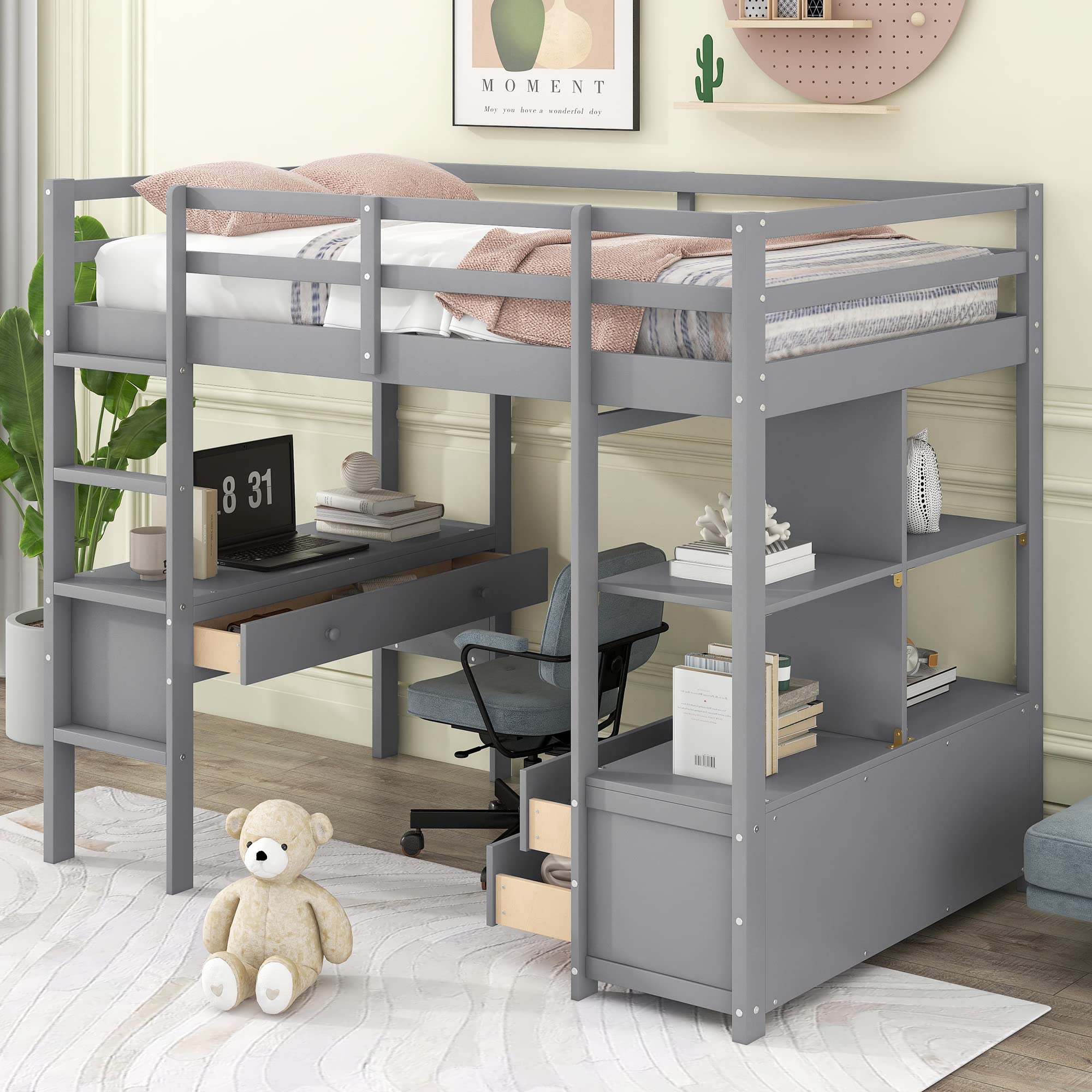 Harper & Bright Designs Twin Size Loft Bed with Desk and Storage, Wood High Loft Bed Frame with Shelves, Multifunctional Loft Bed Twin for Kids Teens Adults (Grey)