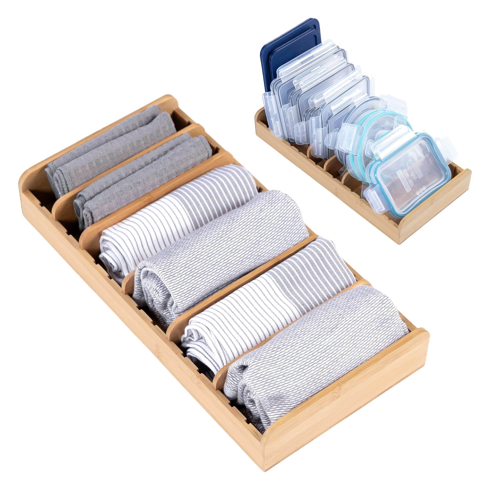 KitchenEdge Bamboo Kitchen Towel and Food-Storage Organizer, Perfect for Kitchen Drawers, Cabinets, Pantry, 5 Adjustable Wall Inserts, Organize & Store Plastic Food Containers