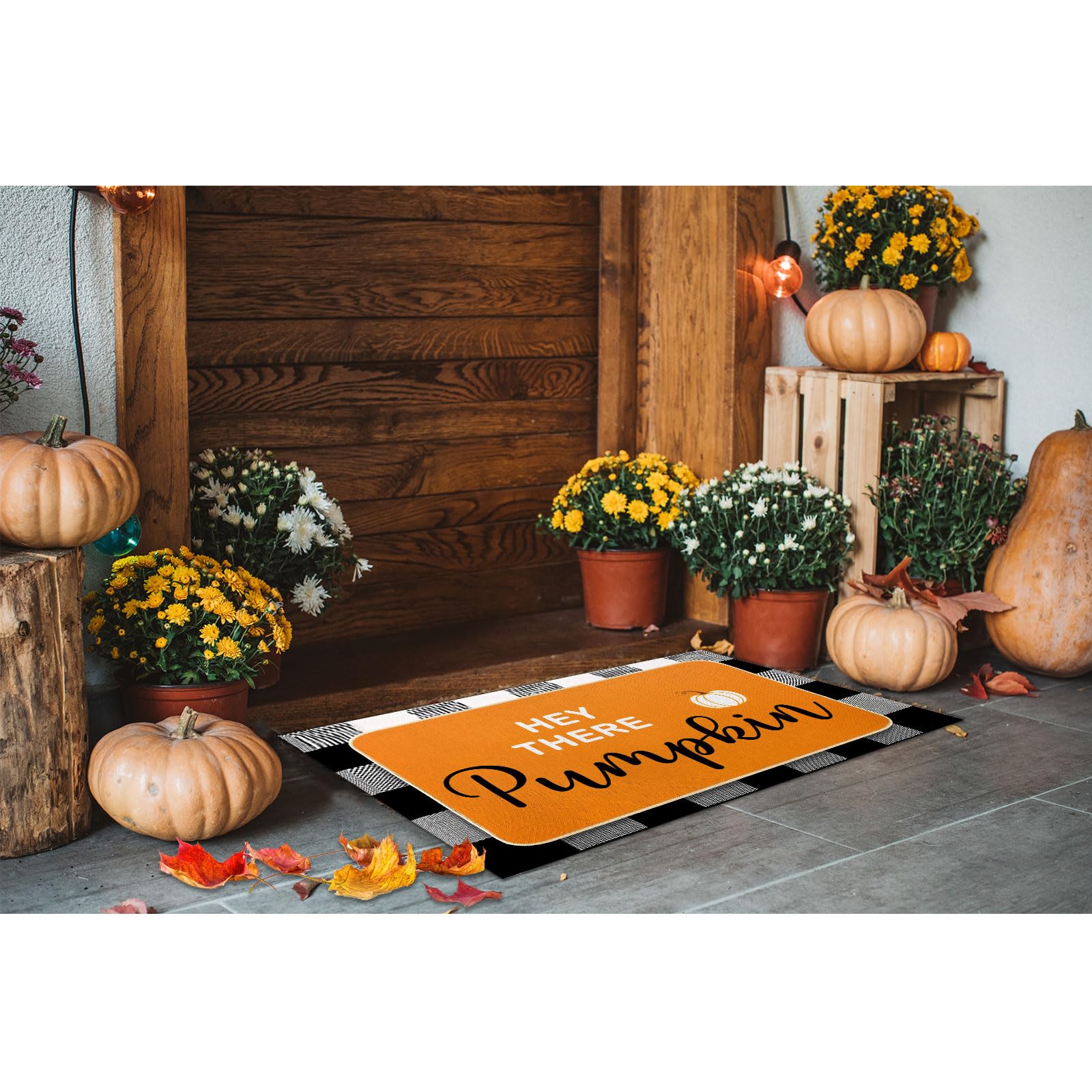 Hey There Pumpkin Door Mat 2 Pcs Fall Welcome Mat with Buffalo Plaid Rug Fall Decor - Autumn Thanksgiving Halloween Front Porch Entryway Outdoor Entrance Doormat